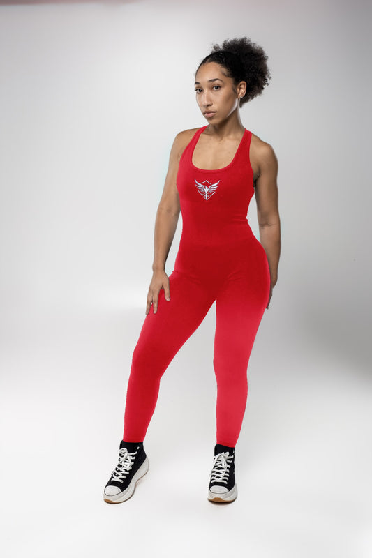Women’s fashion jumpsuit – red, sleeveless, sporty design