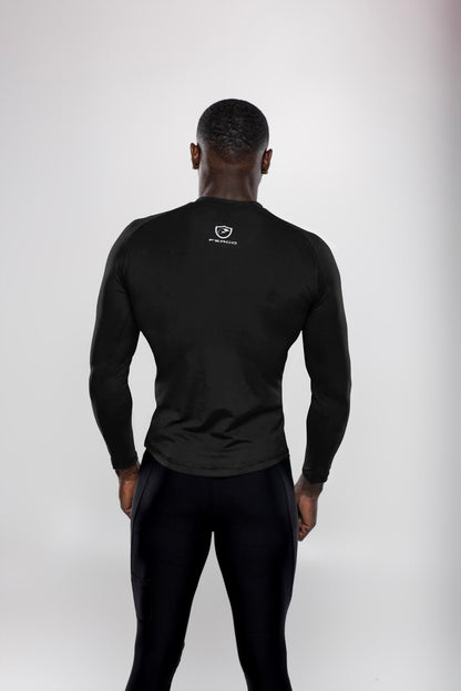 Back view of man wearing Black long sleeve athletic shirt and black leggings